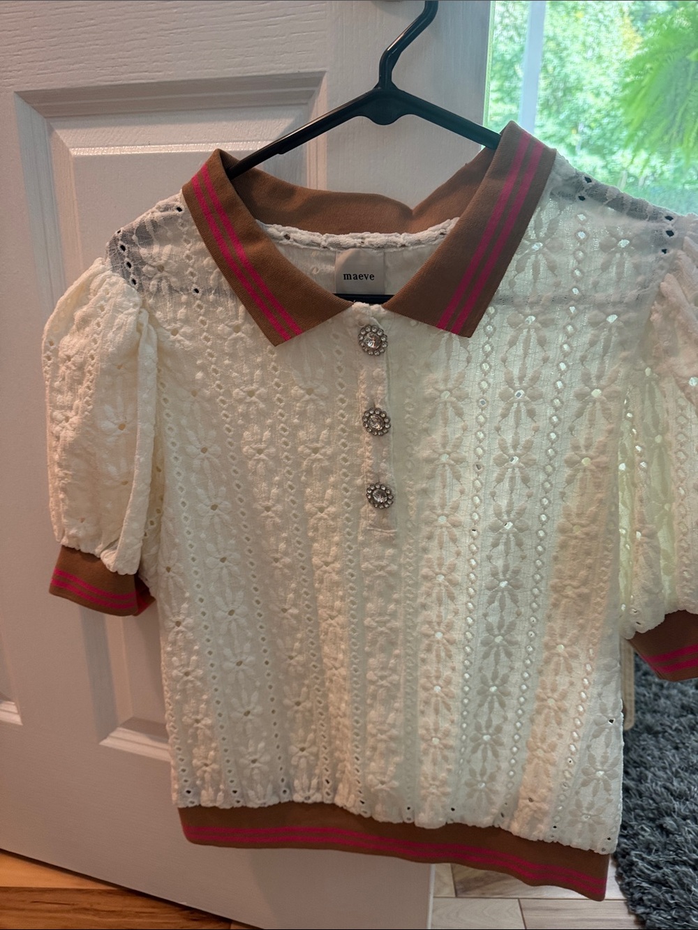 Maeve Ivory Eyelet Polo Top with Brown and Pink Trim